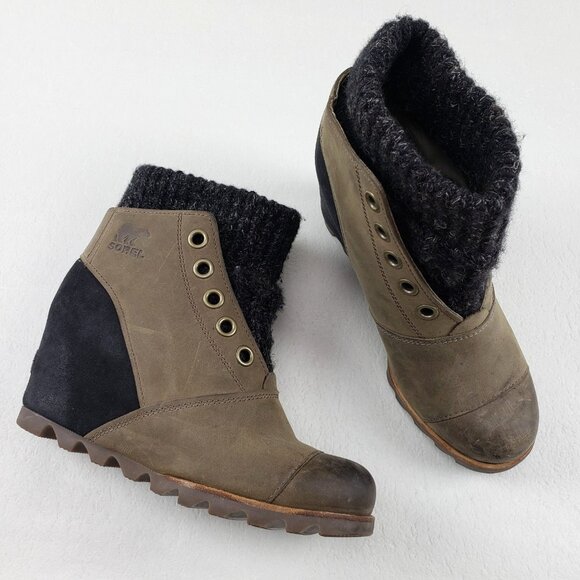 Sorel Joanie Sweater Wedge Boot Women 7.5 Brown Leather Ankle Pull On Waterproof - Picture 1 of 12
